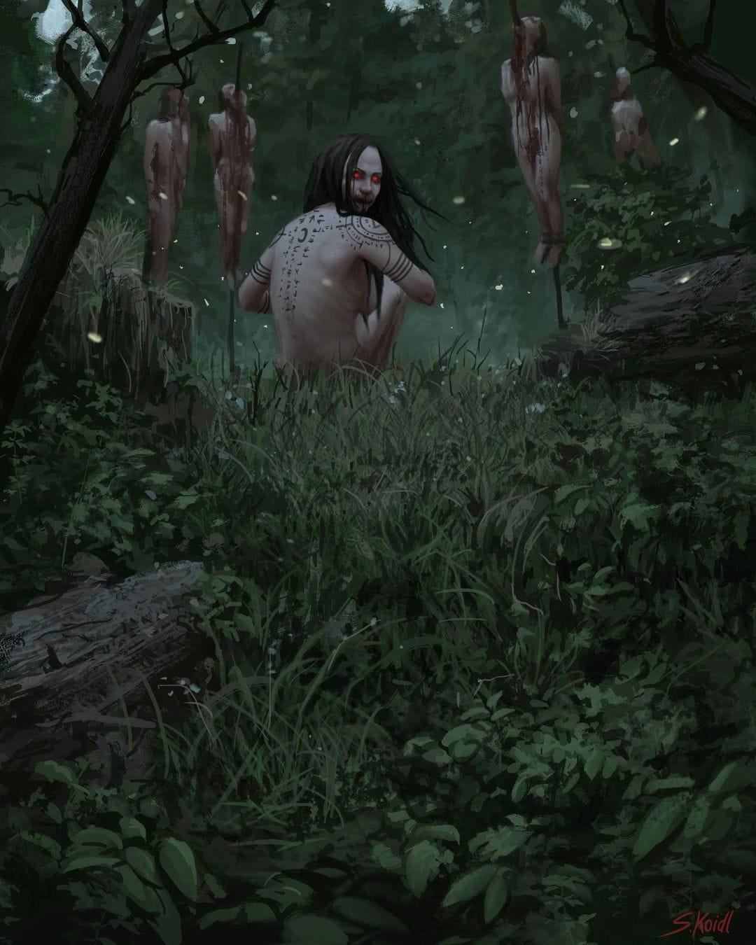 Oeuvre représentant une femme nue aux yeux rouges accroupie dans une forêt au milieu d'autres femmes le corps embrochée sur un piquet.