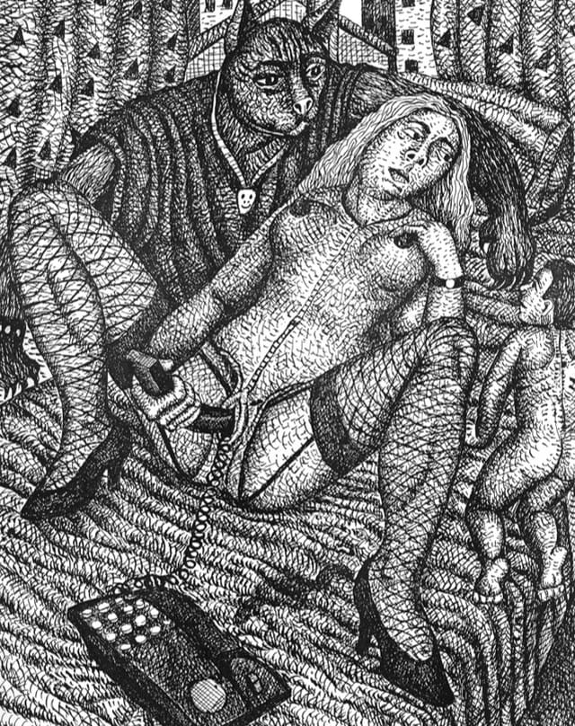Dessin d'une femme qui se masturbe aux côtés d'un enfant et d'un chat personnifié par Van Der Linden