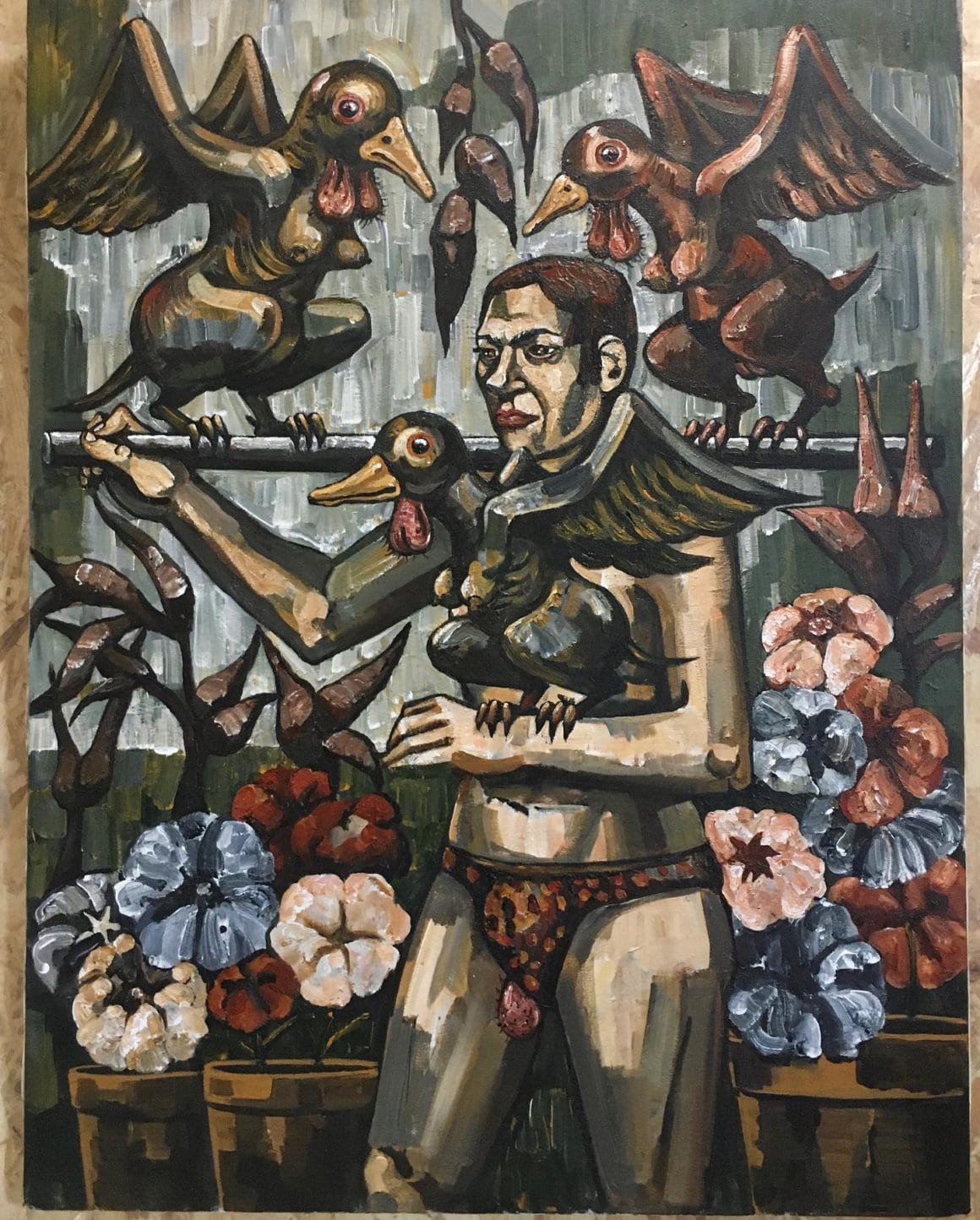 Peinture d'un homme entouré d'oiseau par Van Der Linden