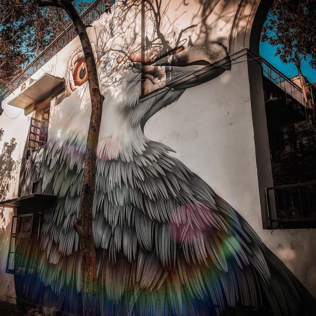 Fresque murale représentant un pigeon gris avec le bout des plumes aux couleurs de l'arc en ciel