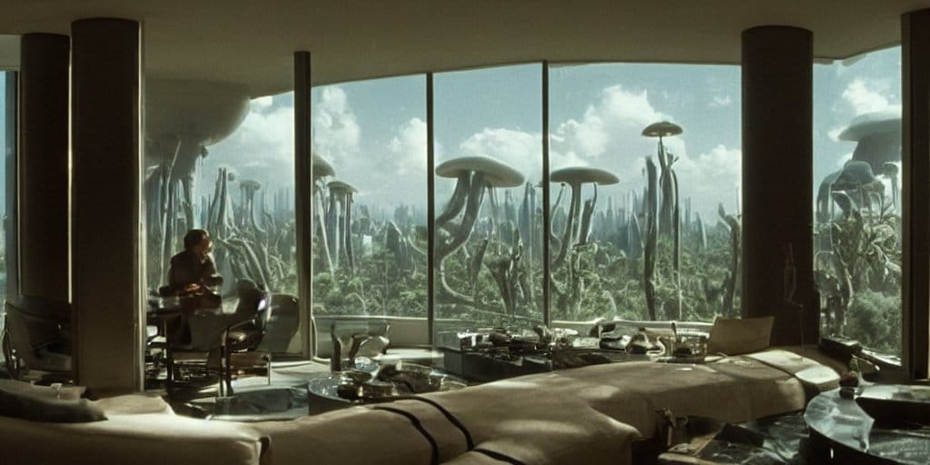 Image futuriste d'une maison avec vu sur des champignon géants.