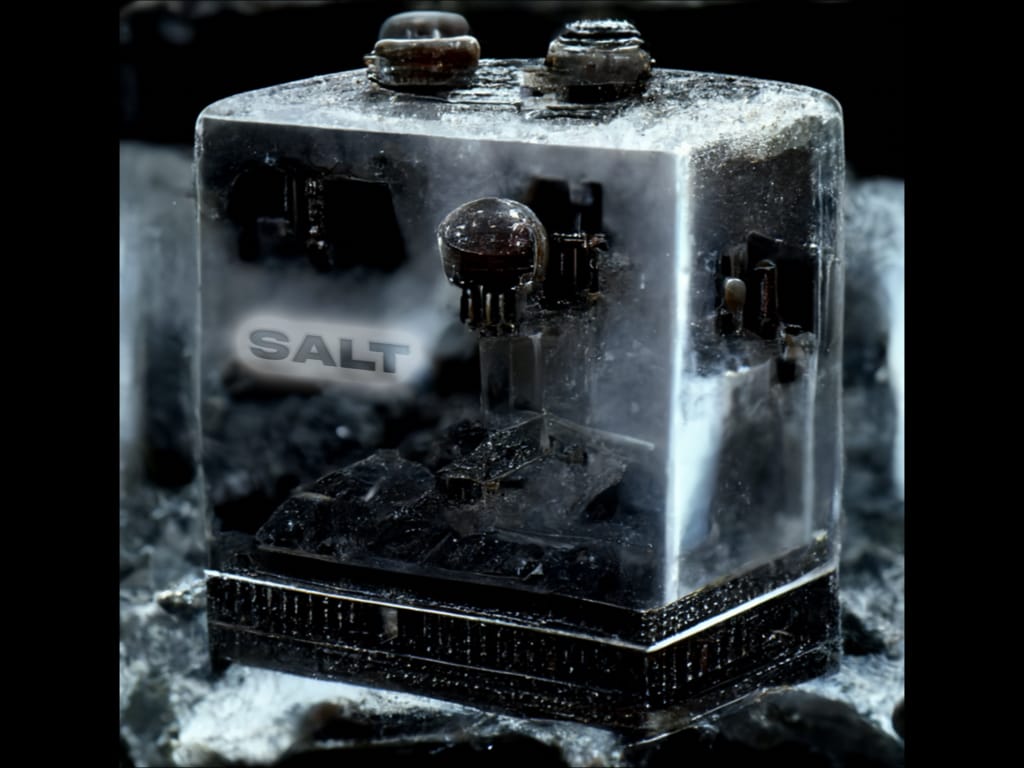 Bloc futuriste et abstrait transparent avec l'inscription "SALT"
