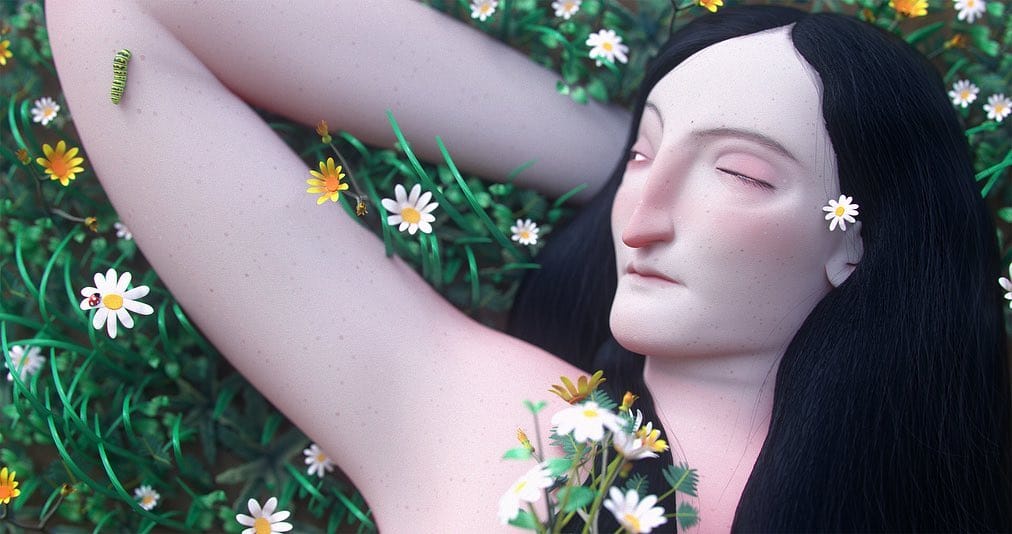 Oeuvre 3D : Une femme à la chevelure noire est allongée dans un pré fleuri et observe une chenille posée sur son coude