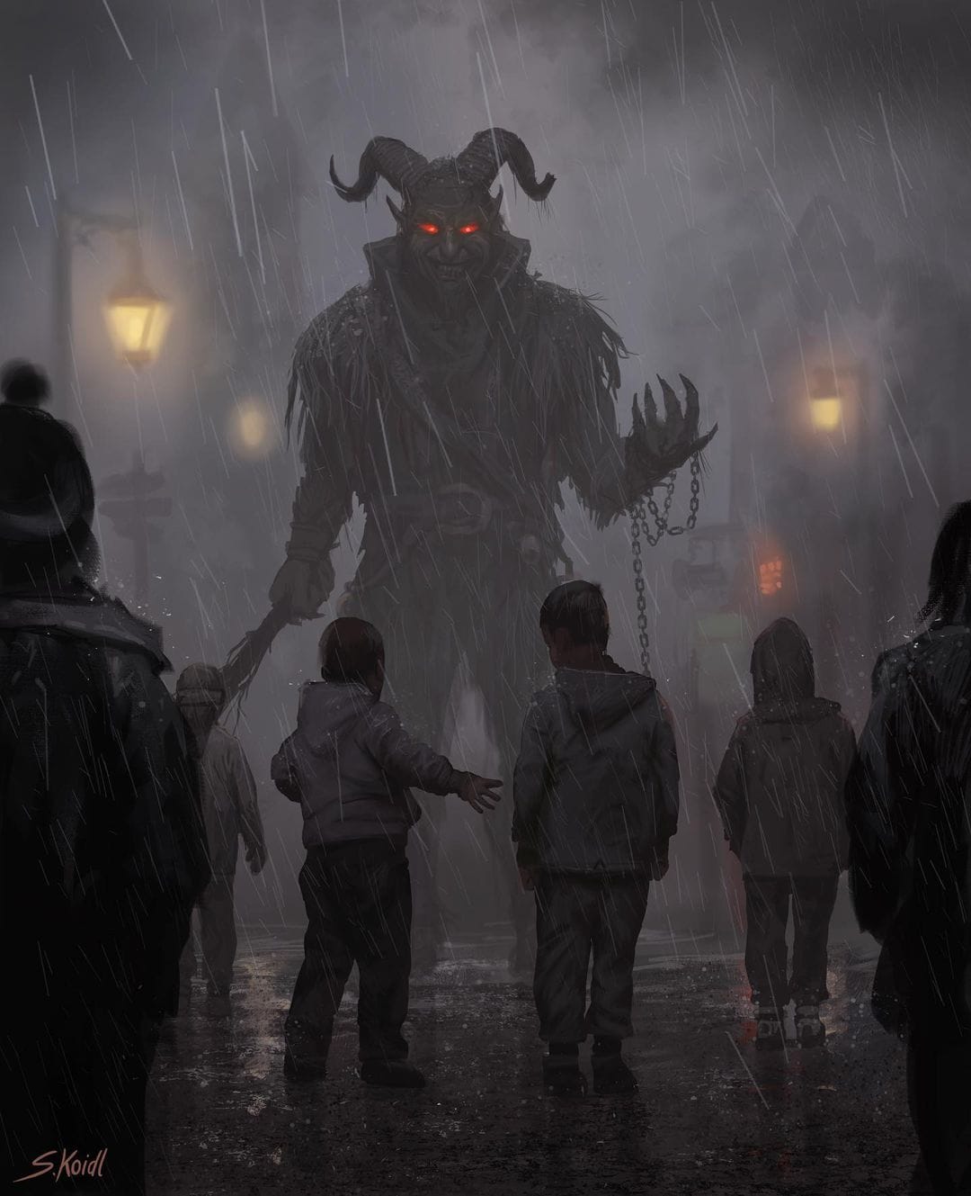 Illustration Horrifique représentant un monstre géant à cornes aux yeux rouges et aux mains pointues se tenant devant des enfants terrorisés