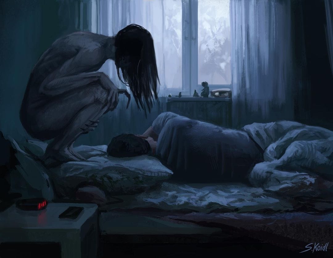 Pauvre représentant un homme dormant paisiblement. Au dessus de lui, une créature nue aux longs cheveux noirs et aux doigts crochus se tient accroupi sur l'oreiller.
