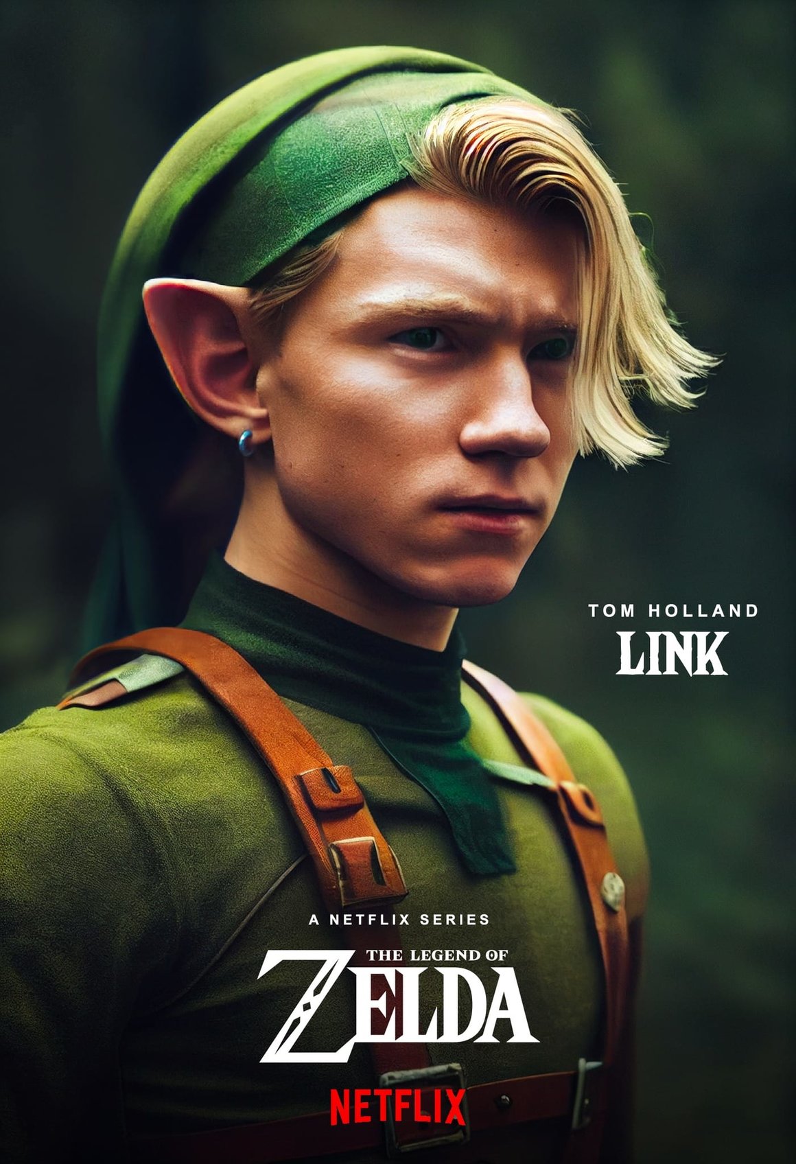 Fausse affiche d'une série Netflix avec l'acteur Tom Holland déguisé en Link.