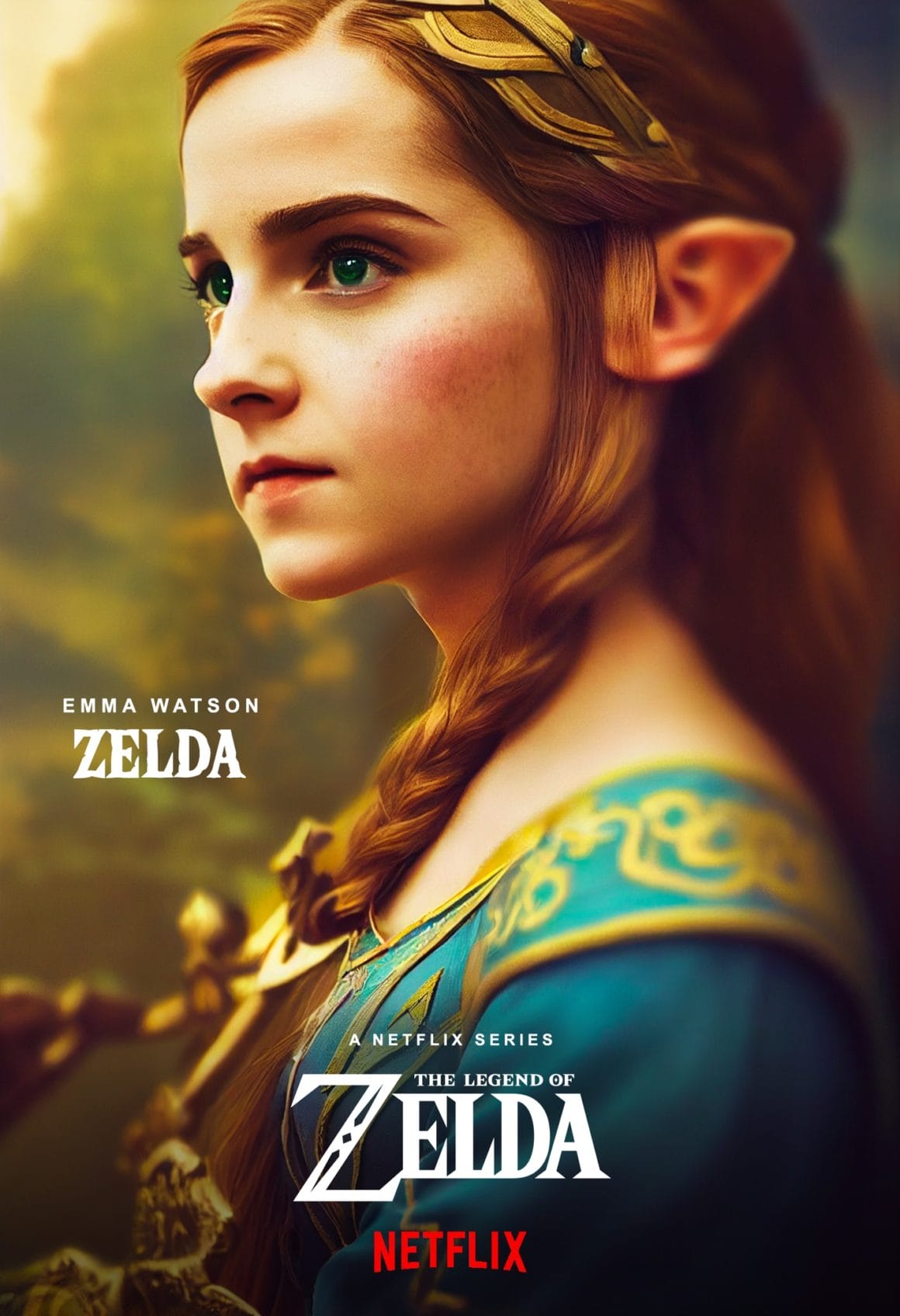Fausse affiche d'une série Netflix avec l'actrice Emma Watson déguisée en Zelda.