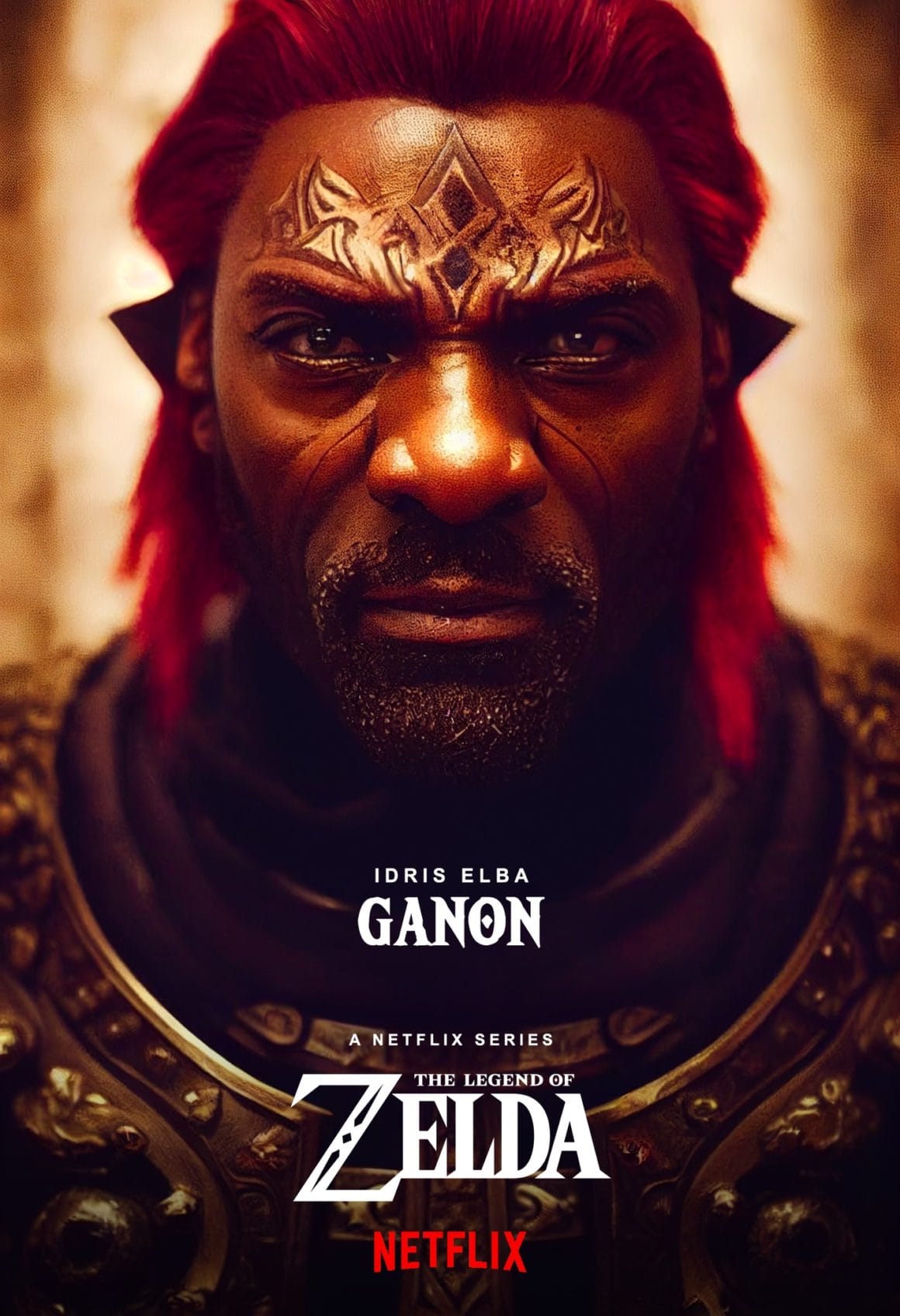 Fausse affiche d'une série Netflix avec l'acteur Idris Elba déguisé en Ganon