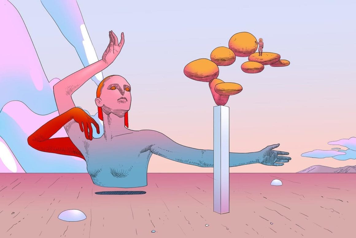 Oeuvre virtuelle du buste d'une femme à la peau violette/bleue. Elle danse avec ses bras observée par un petit bonhomme debout sur des boules flottantes