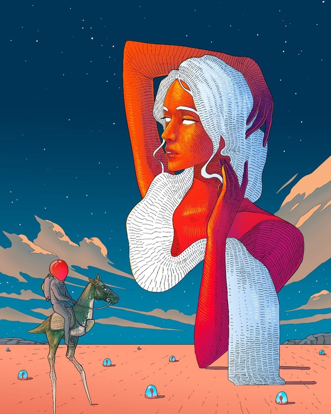 Oeuvre virtuelle représentant le buste d'une femme flottant dans l'espace. Elle a la peau rouge / orange et les cheveux blancs. Sur la terre, une créature à la tête rouge est posé sur un cheval à deux pattes et observe la belle femme dans le ciel.
