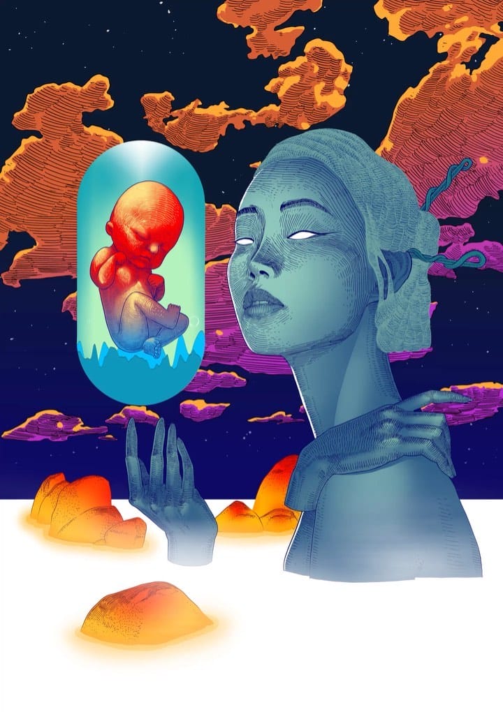 Oeuvre virtuelle représentant une fille bleutée tenant du bout de ses doigts un bébé en position foetale dans une capsule