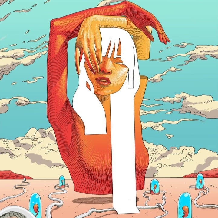 Oeuvre virtuelle représentant le buste d'une femme à la peau orange / jaune et aux longs cheveux blancs. Elle pose ses deux bras sur son crâne