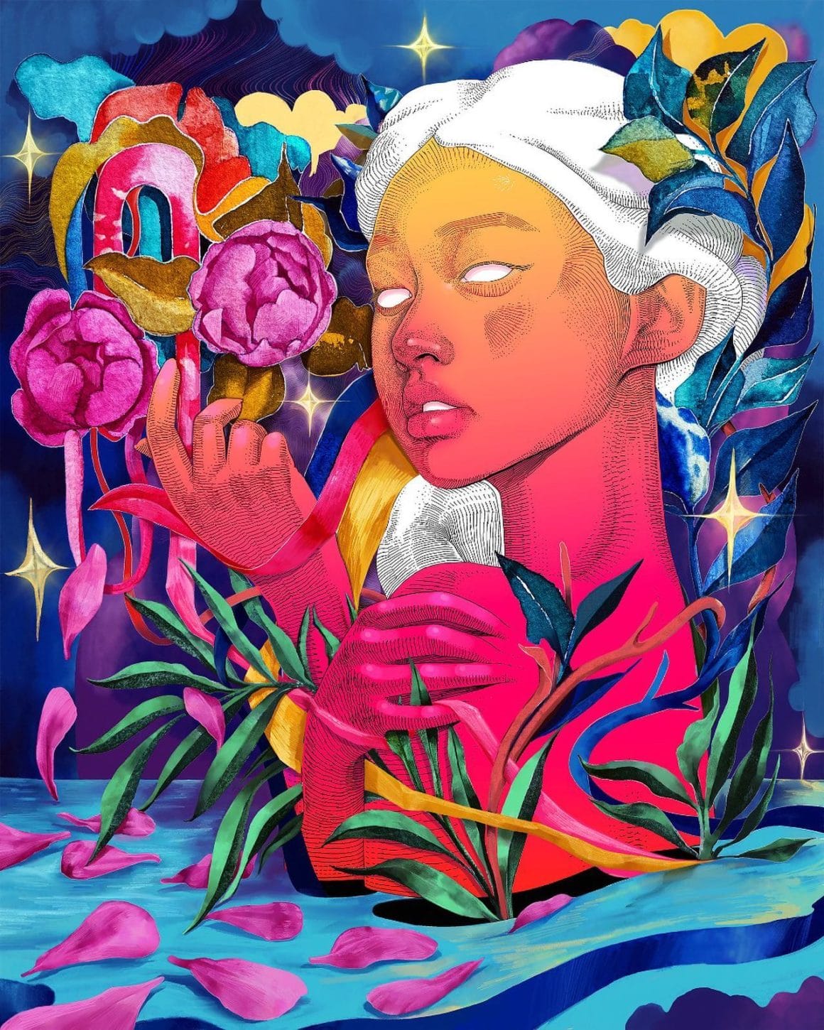 Oeuvre virtuelle représentant une femme à la peau rose orangée et à la chevelure blanche. Elle est dans une forêt de roses, de feuillages et d'étoiles en tous genres.