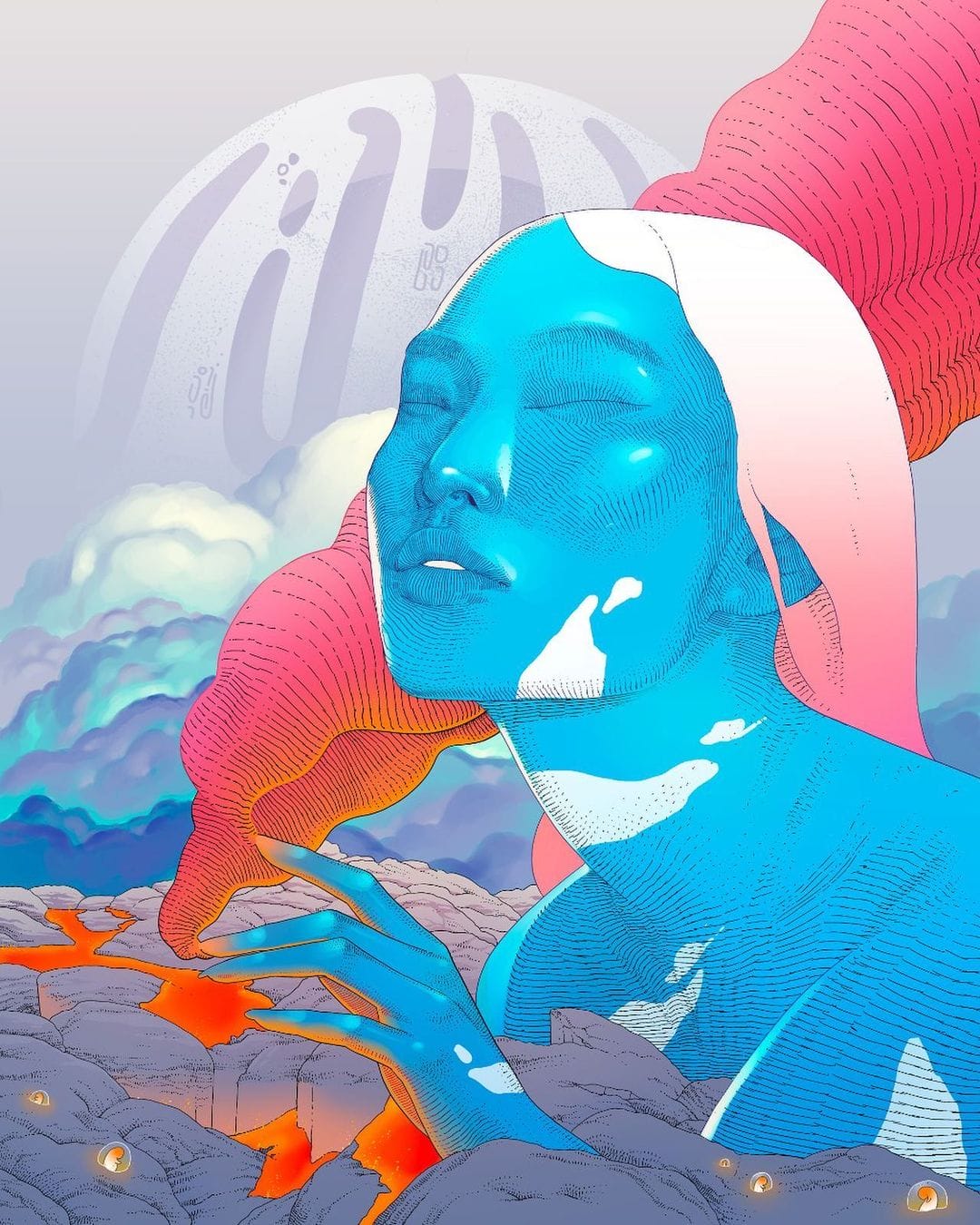 Oeuvre virtuelle d'une géante femme à la peau bleue et aux cheveux roses jouant avec la fumée d'un volcan