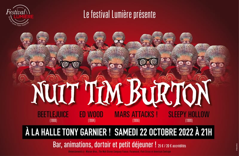 Affiche festival Lumière pour la nuit burton à la Halle Tony Garnier avec la photo des monstres à cervelle du film "Les Noces Funèbres"