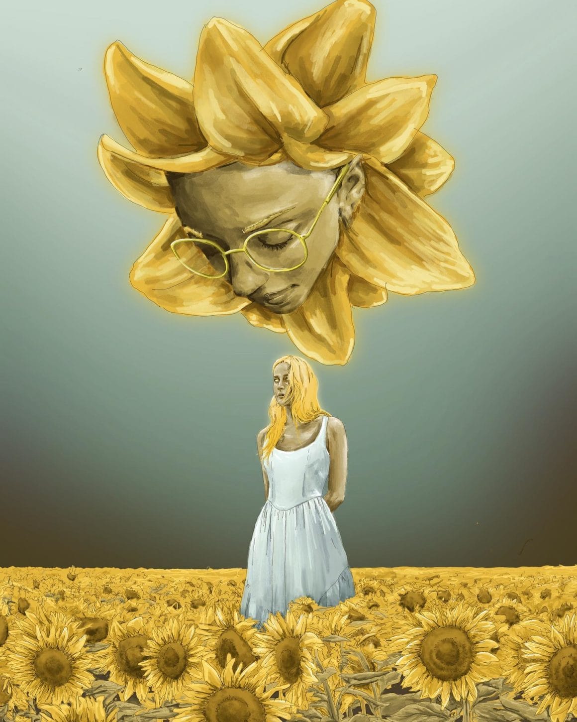 Une femme blonde vêtue d'une robe blanche est debout dans un champ de tournesol. Une fleur géante avec un visage au milieu l'observe. Oeuvre de Gingerale Arthaus.