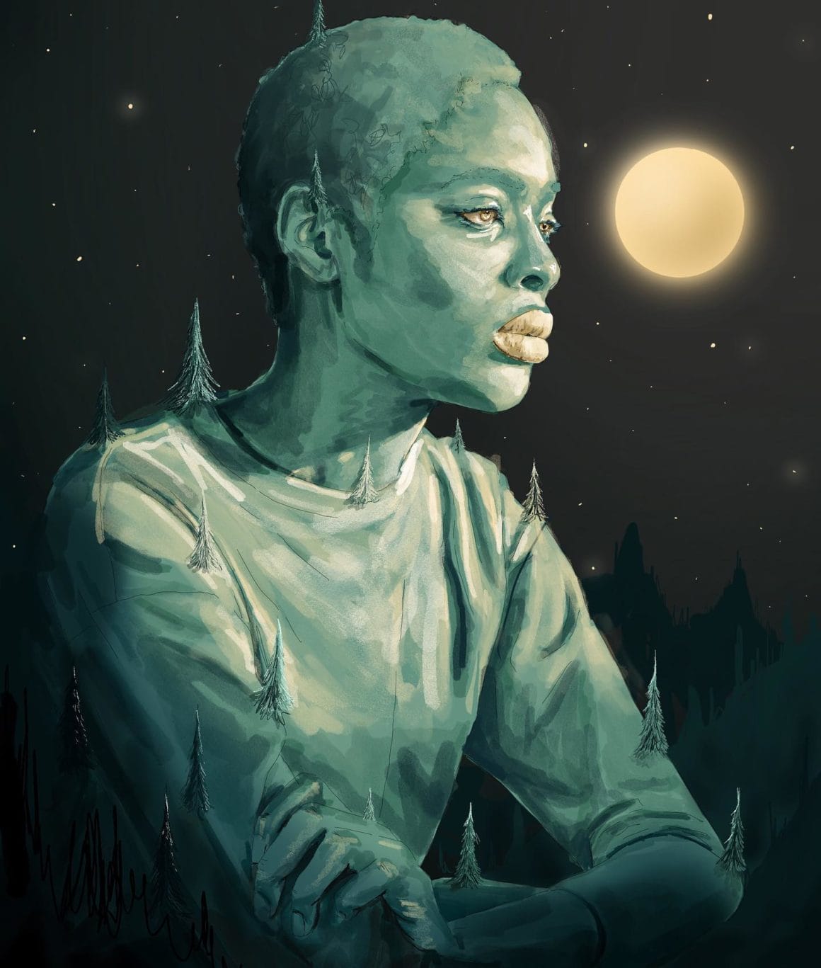 Une femme noire aux cheveux courts. est assise et regarde la lune toute petite. Sur elle on aperçoit des sapins.