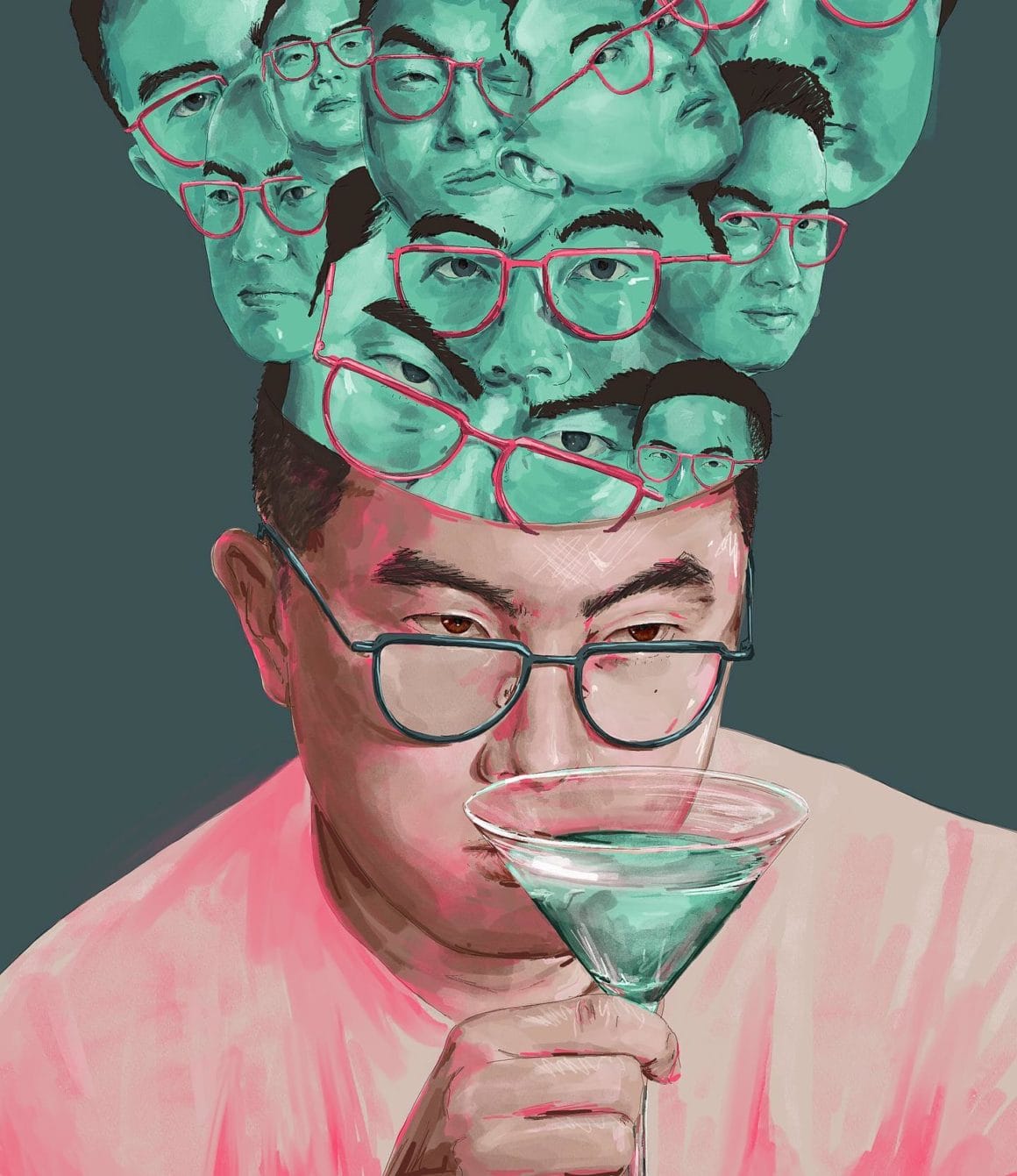 Un homme asiatique boit un cocktail, sort de son crâne des dizaines de visages identiques au sien