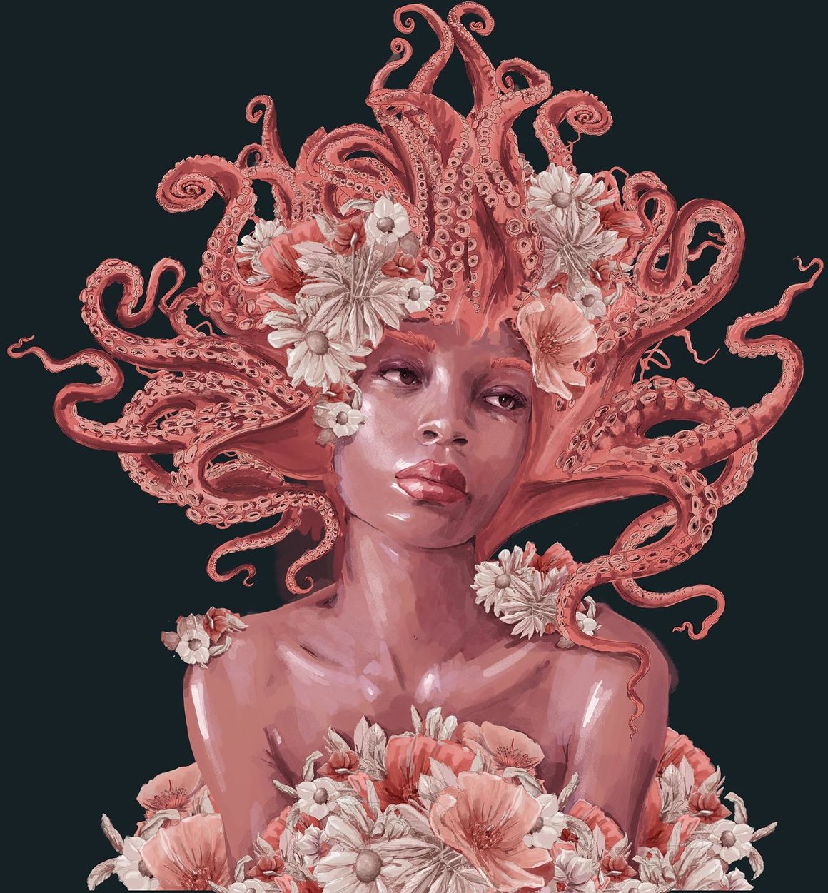 Une femme à la peau rouge et aux cheveux de tentacules de pieuvre, est entourée de fleurs.