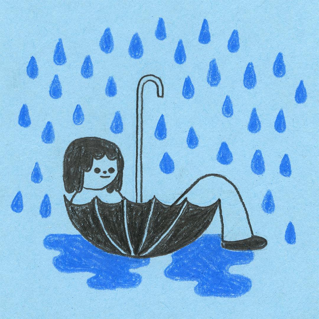 Dessin sur une feuille bleue d'une enfant assise dans un parapluie à l'envers. Autour d'elle, des gouttes de pluie et une flaque d'eau