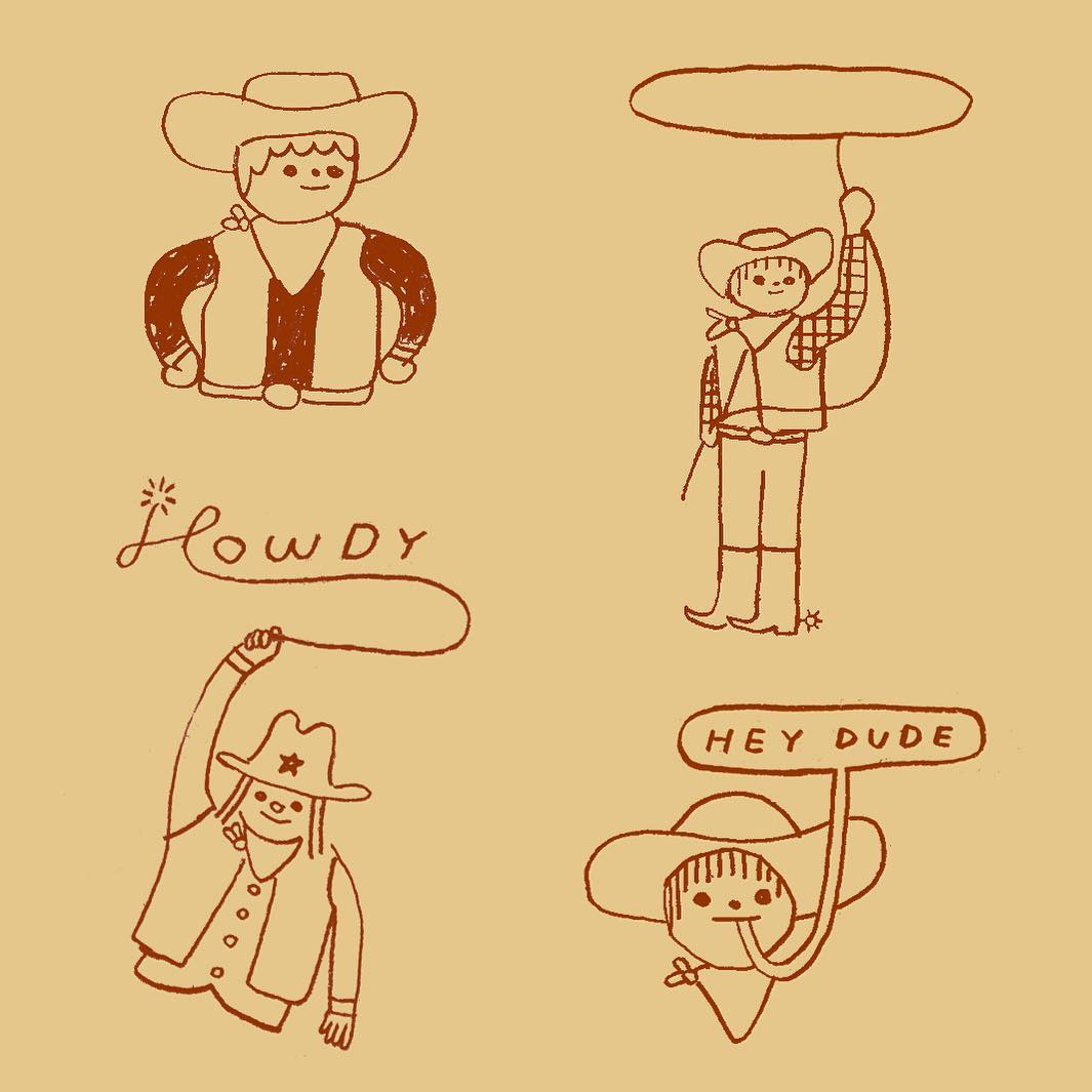 Illustration de Hiller Goodspeed, Dessin d'un petit bonhomme cowboy tenant un lasso qui forme ensuite le mot "Howdy" puis la phrase "hey dude".
