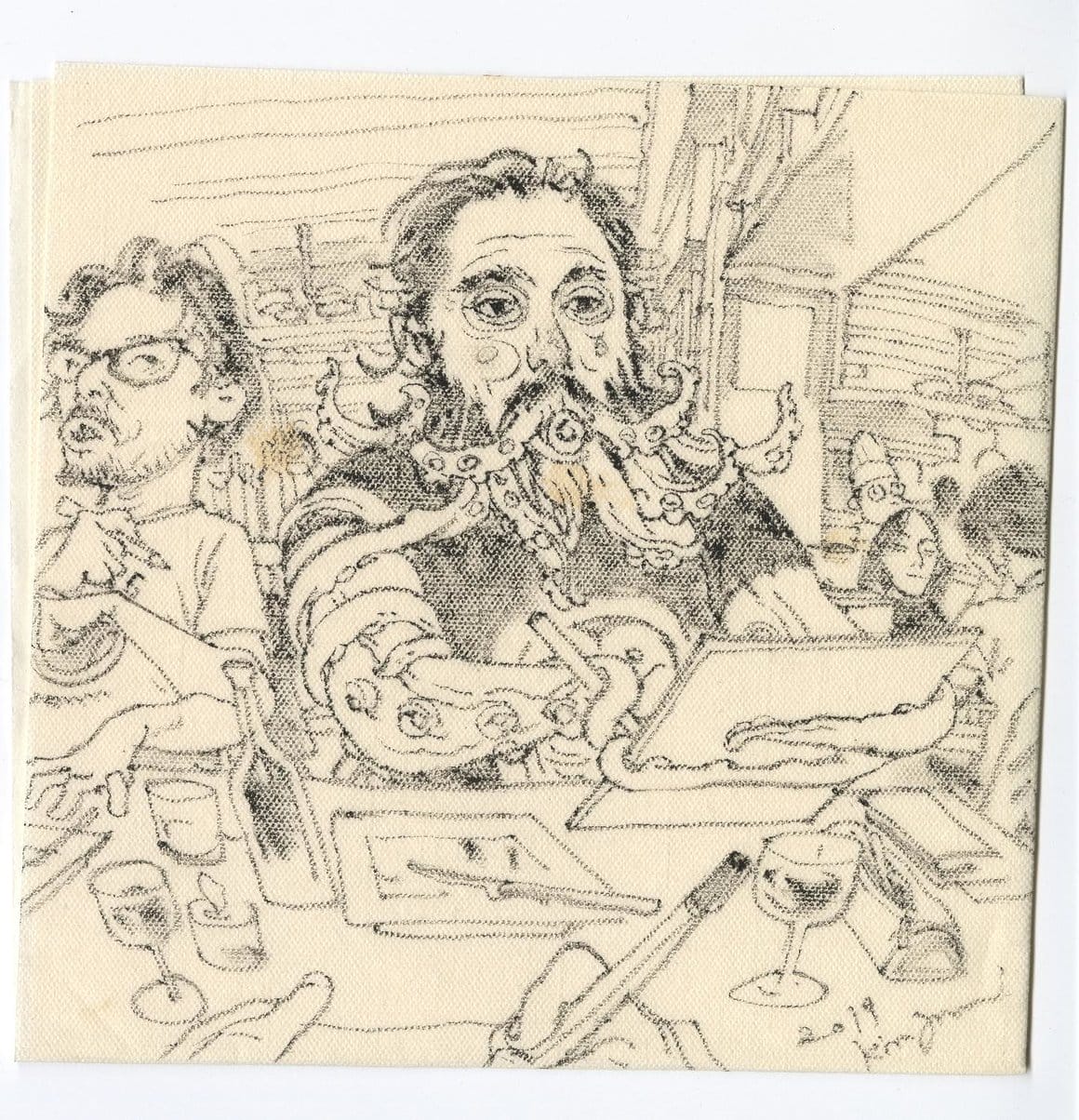 Croquis de plusieurs personnes dans un restaurant. Un homme aux bras et à la barbe tentacules dessine sur une planche