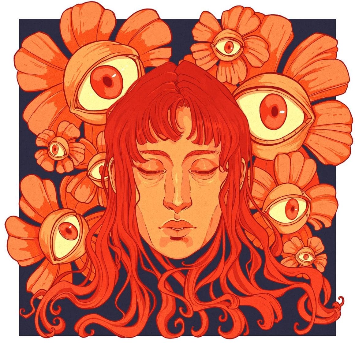 La tête d'une femme orange a les yeux fermés. Autour d'elle, des dizaines de fleurs avec des yeux nous observent