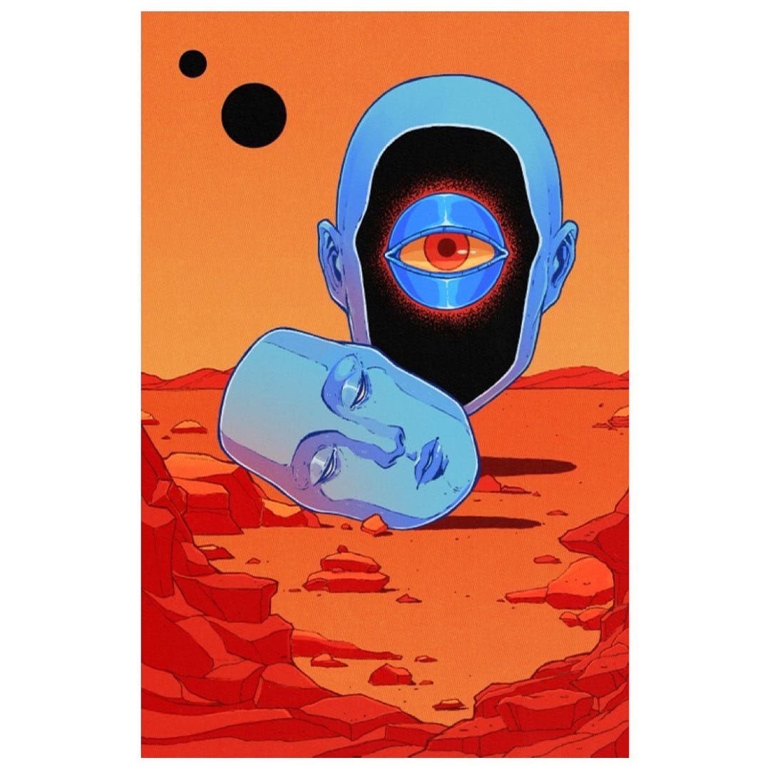 Une tête bleue est posée sur un sol orange. Son visage est tombé dévoilant un gros oeil perçant.