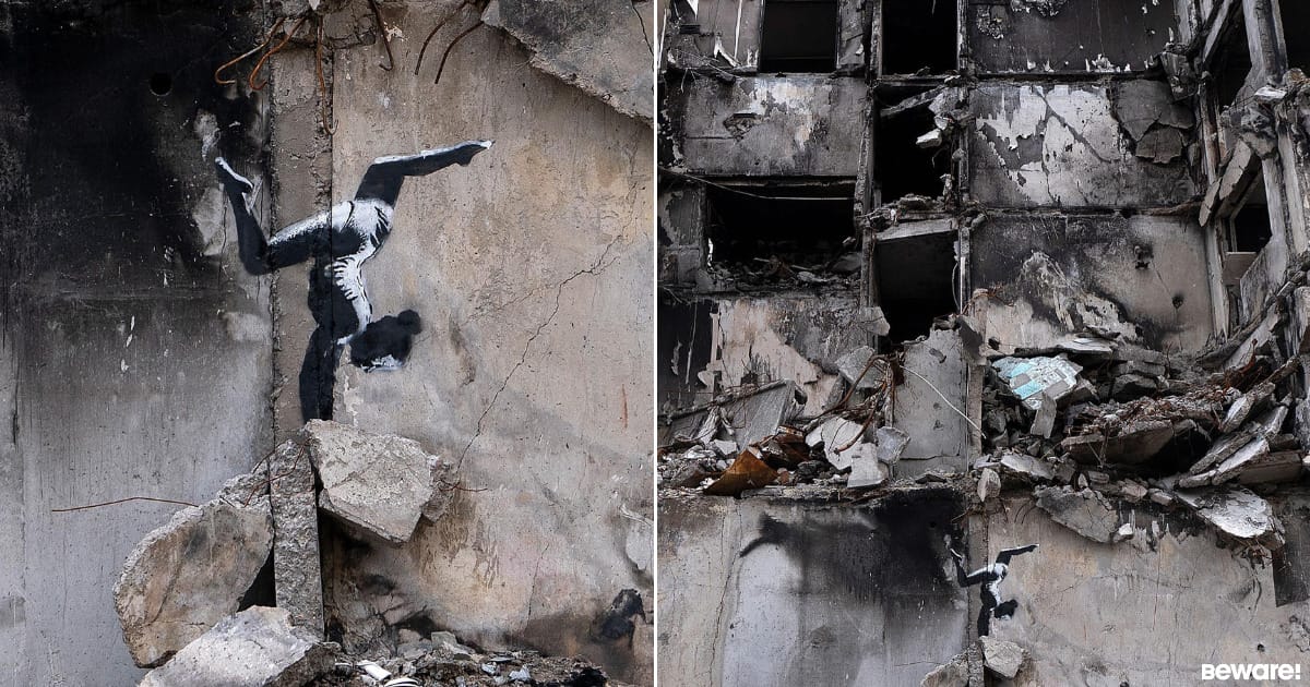 Banksy s’affiche sur les ruines de Borodianka en Ukraine