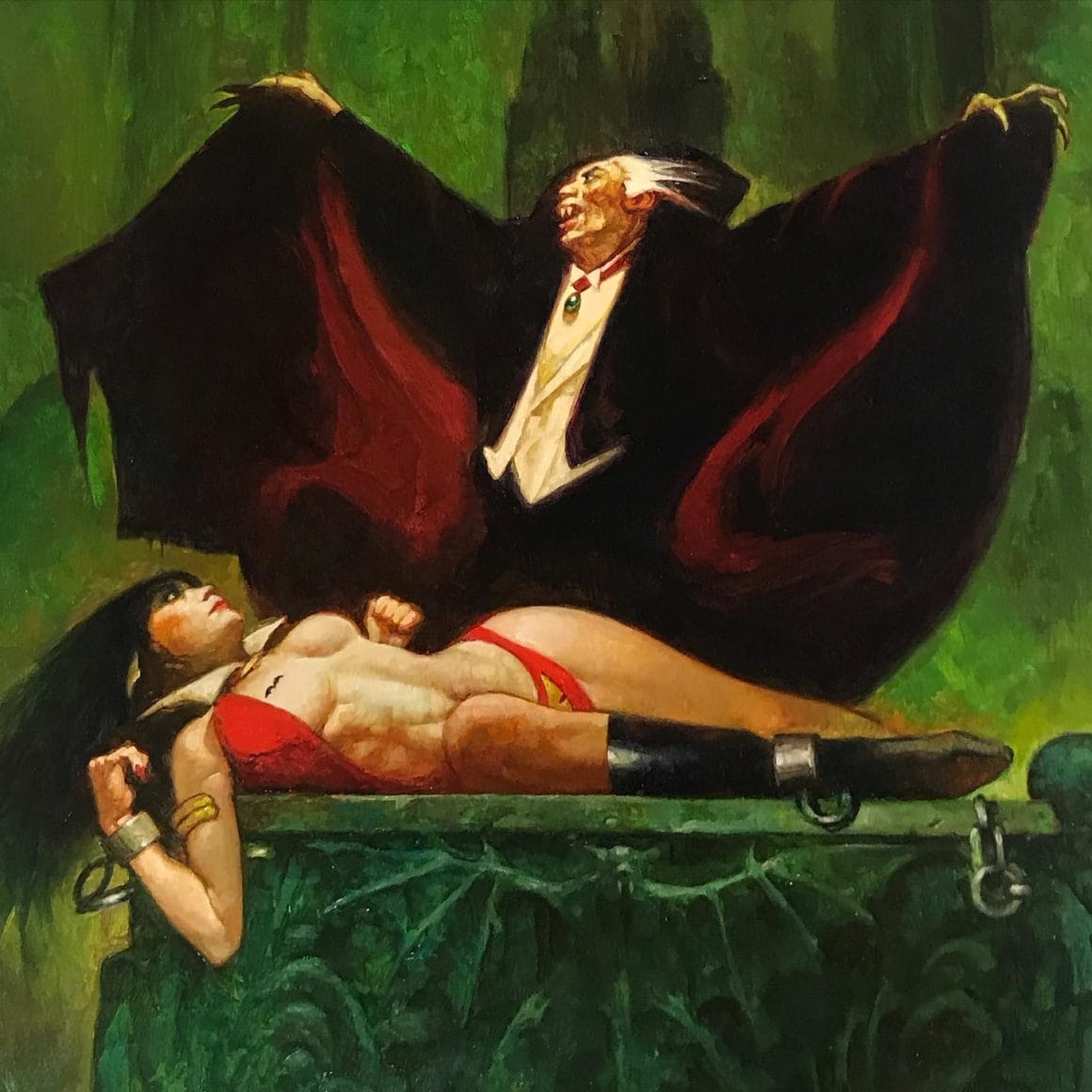 Illustration réalisée par Sanjulian pour Vampirella, représentant une femme prisonnière d'un vampire.