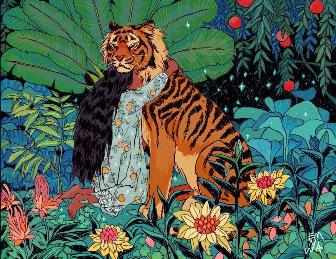 Em Niwa - 2018 - Illustration représentant une femme enlaçant un tigre au cœur de la jungle.
