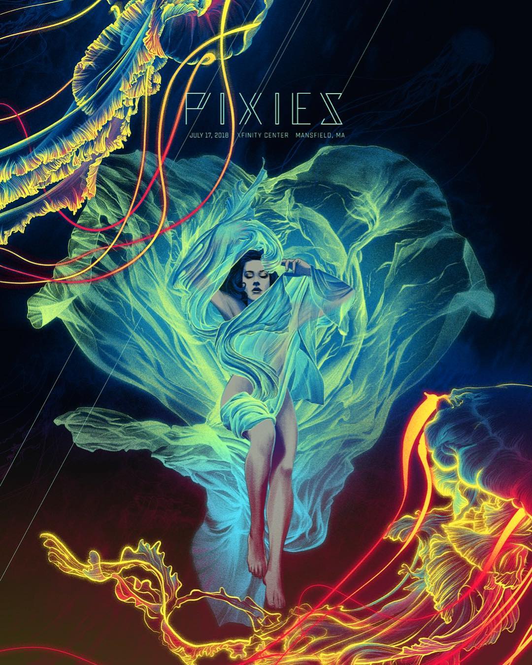 Poster pour le spectacle Pixies d'une femme enveloppant de drap léger et entourant de deux sortes de méduses