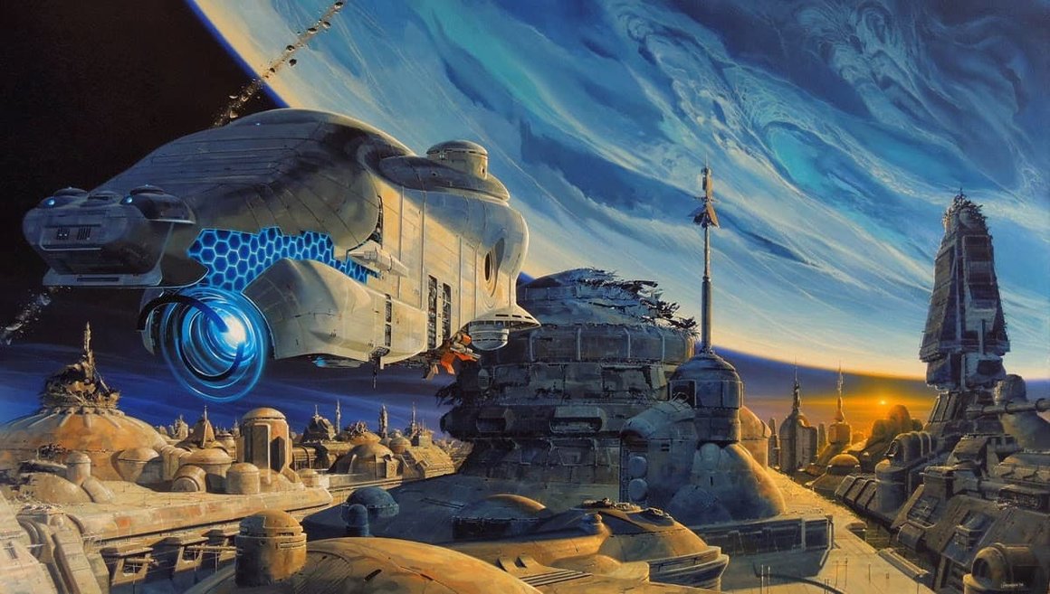 Illustration d'un univers de science-fiction, avec des vaisseaux et une planète dans le ciel.