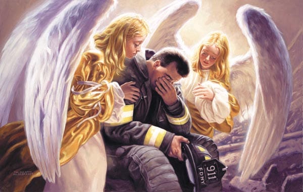 Illustration dans laquelle un salarié du 911 est consolé par deux anges.
