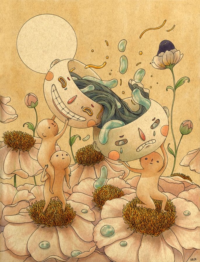 Illustration de Felicia Chiao, 3 protagonistes font couler de l'autre d'un bol à l'autre.