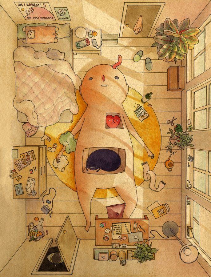 Illustration de Felicia Chiao, un protagoniste allongé sur le sol avec une boule noire sur le ventre.