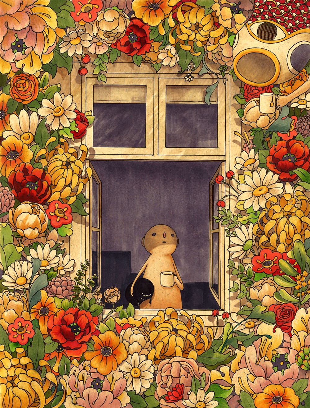 Illustration de Felicia Chiao, protagoniste tenant une tasse à sa fenêtre entourée de fleurs.