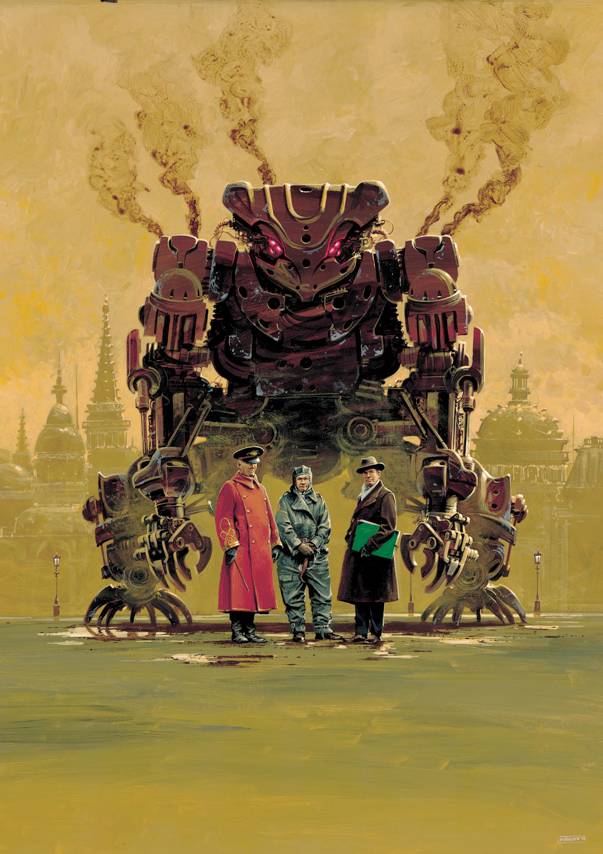 Illustration de science fiction, des humains se tiennent devant une créature métallique.