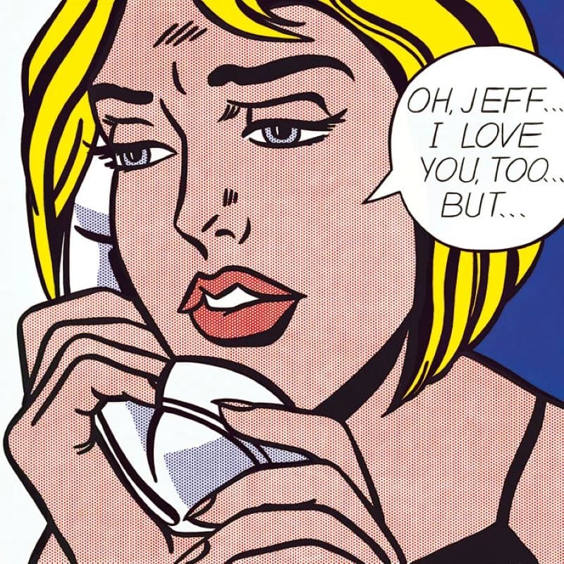 dessin style cartoon d'une femme au téléphone qui dit "oh, Jeff... I Love you, too... but..."