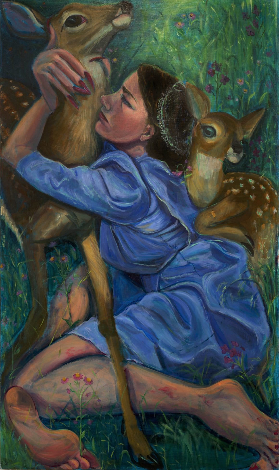 femme qui s'accroche à un animal, assise, le pied droit dans une position invraisemblable