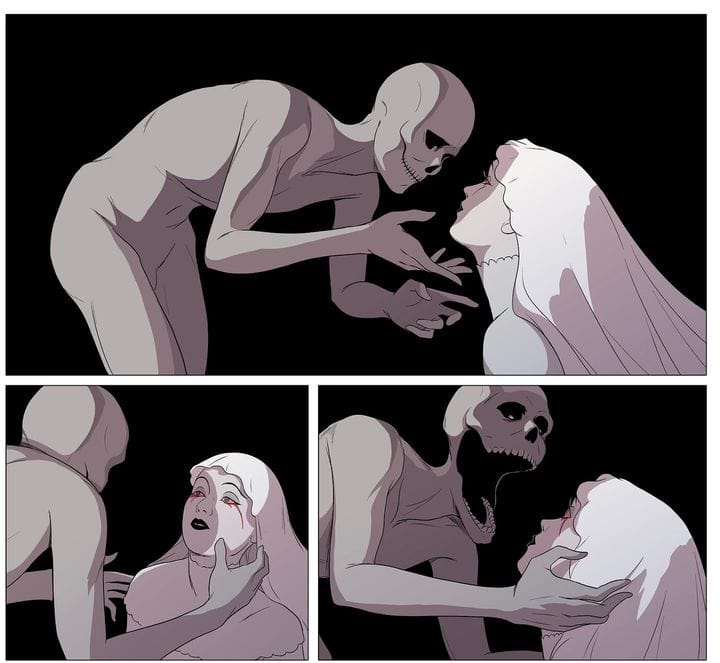 Illustration de bande dessinée, un homme avec un visage de squelette tient le visage d'une femme toute blanche avec des larmes de sang 