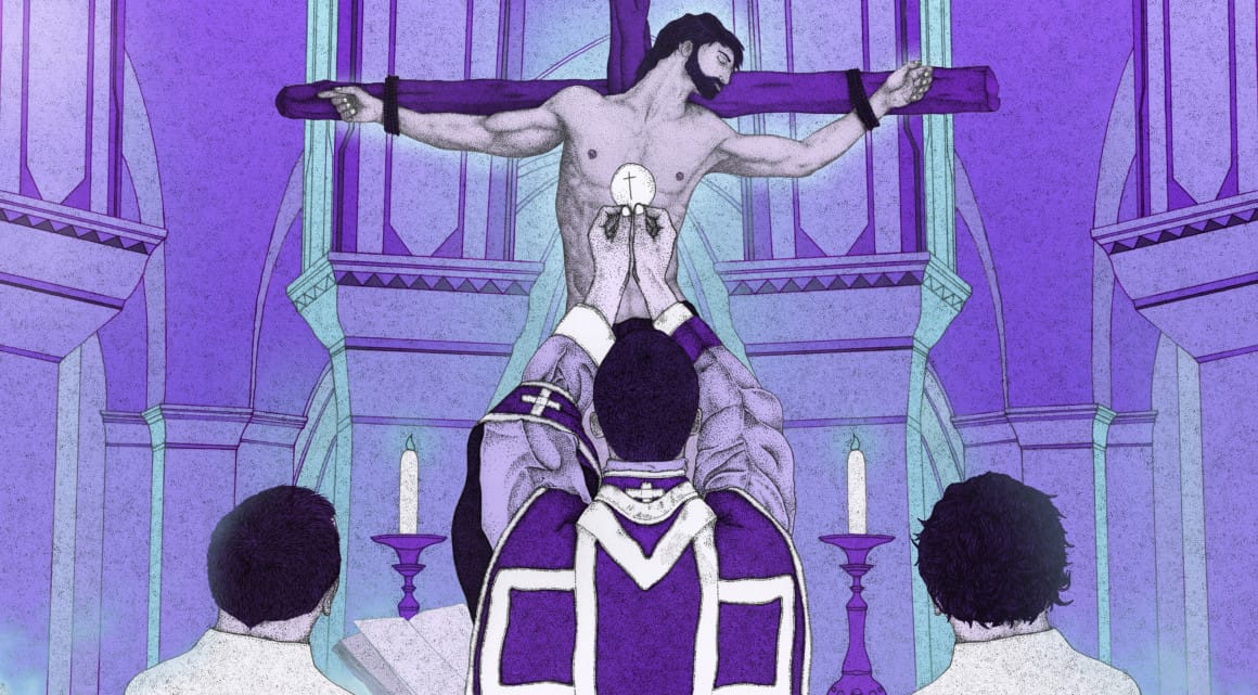 cérémonie chrétienne devant un homme crucifié