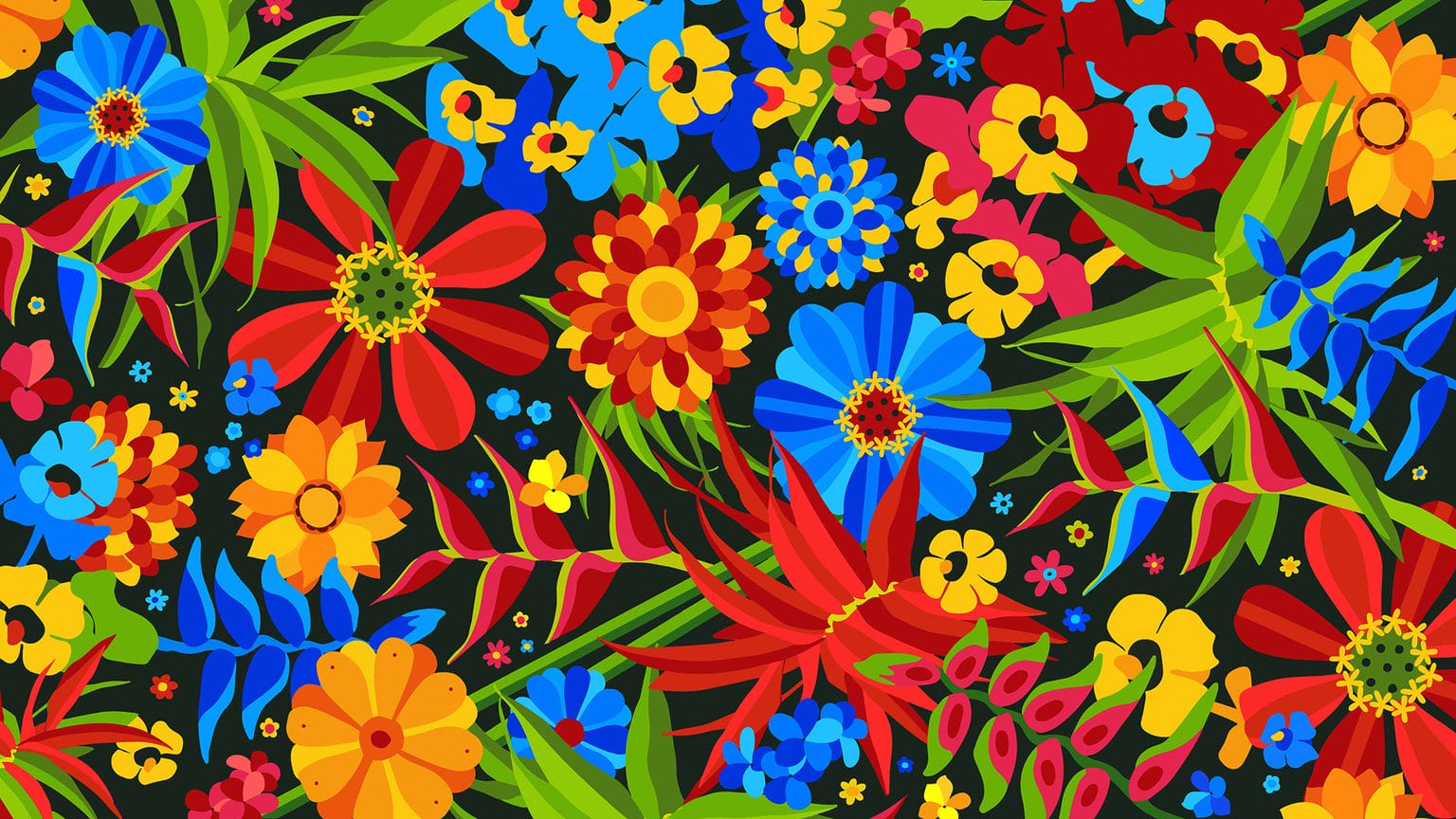 Illustration de Typru, représentation de fleurs colorées sur un fond noir.