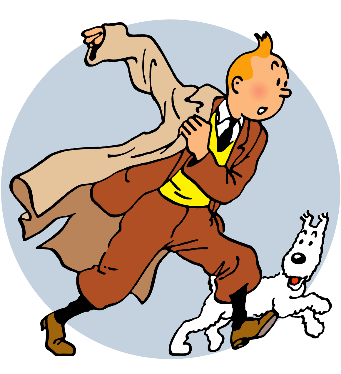 Tintin enfilant son manteau et Milou. Exemple du mouvement de la ligne claire