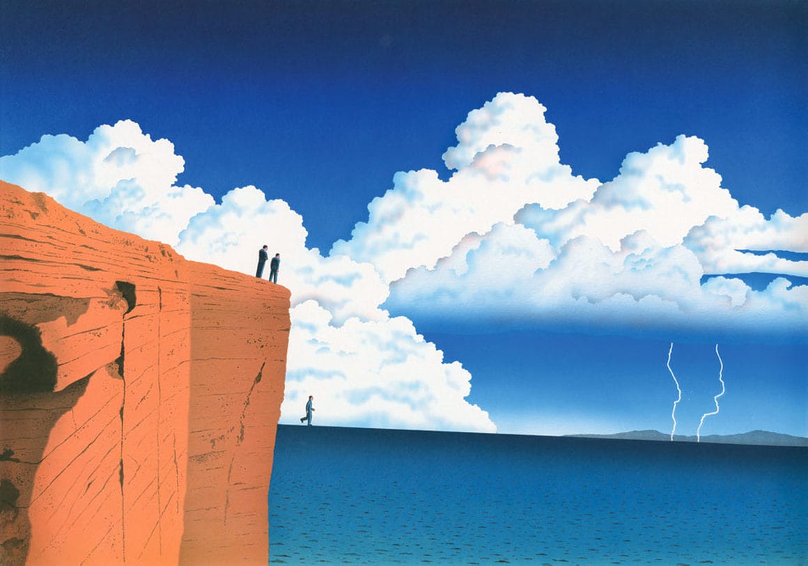 Œuvre de Billout où on voit deux hommes au bord d'une falaise observer la mer. En bas, un autre homme marche sur l'eau
