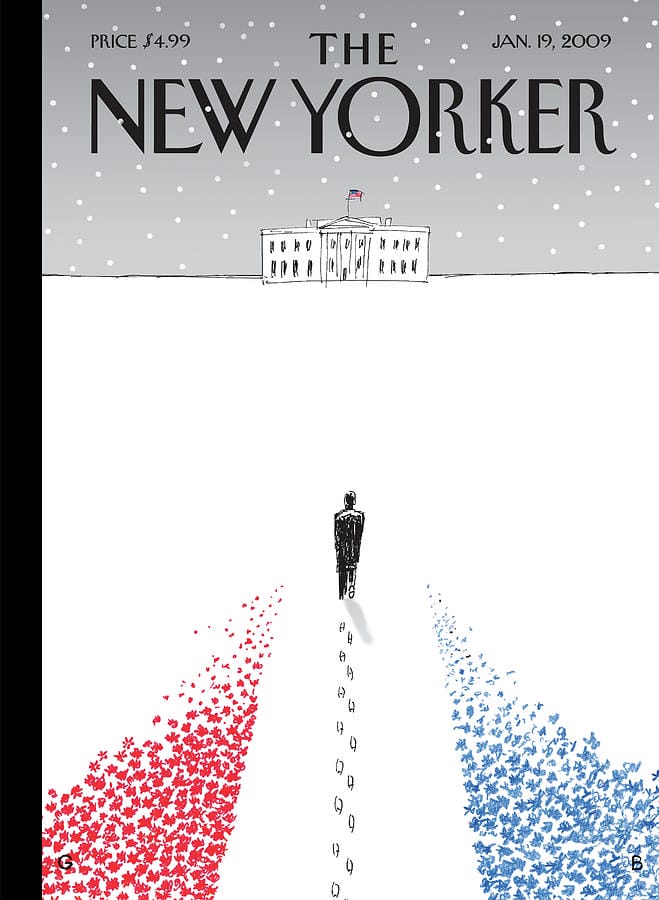 Couverture du magazine "The New Yorker" réalisée par Guy Billout, on voit Obama marcher vers la Maison Blanche, dans la neige. Il y a des couleurs rouge et bleu qui l'entourent