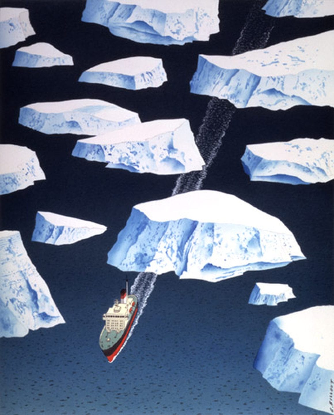 Œuvre de Billout où on voit un paquebot foncer à toute vitesse et dont sa trace indique qu'il est passé à travers les icebergs