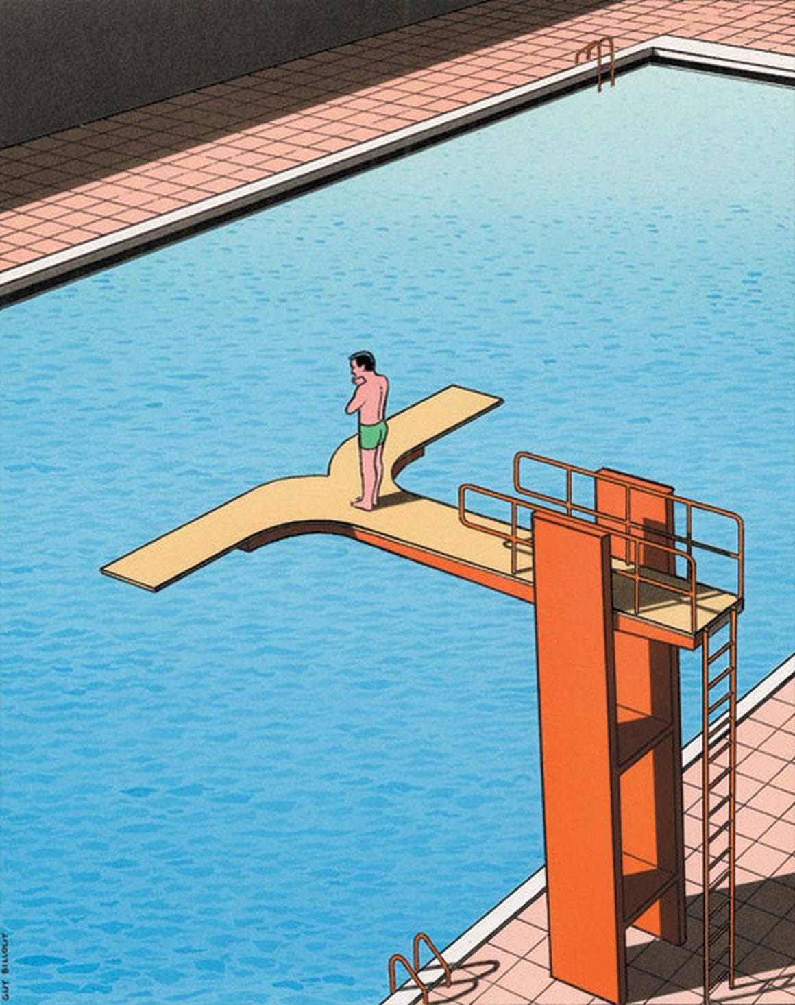 Œuvre de Billout où on voit un homme au bord d'un plongeoir d'une piscine qui offre la possibilité de sauter à droite ou à gauche