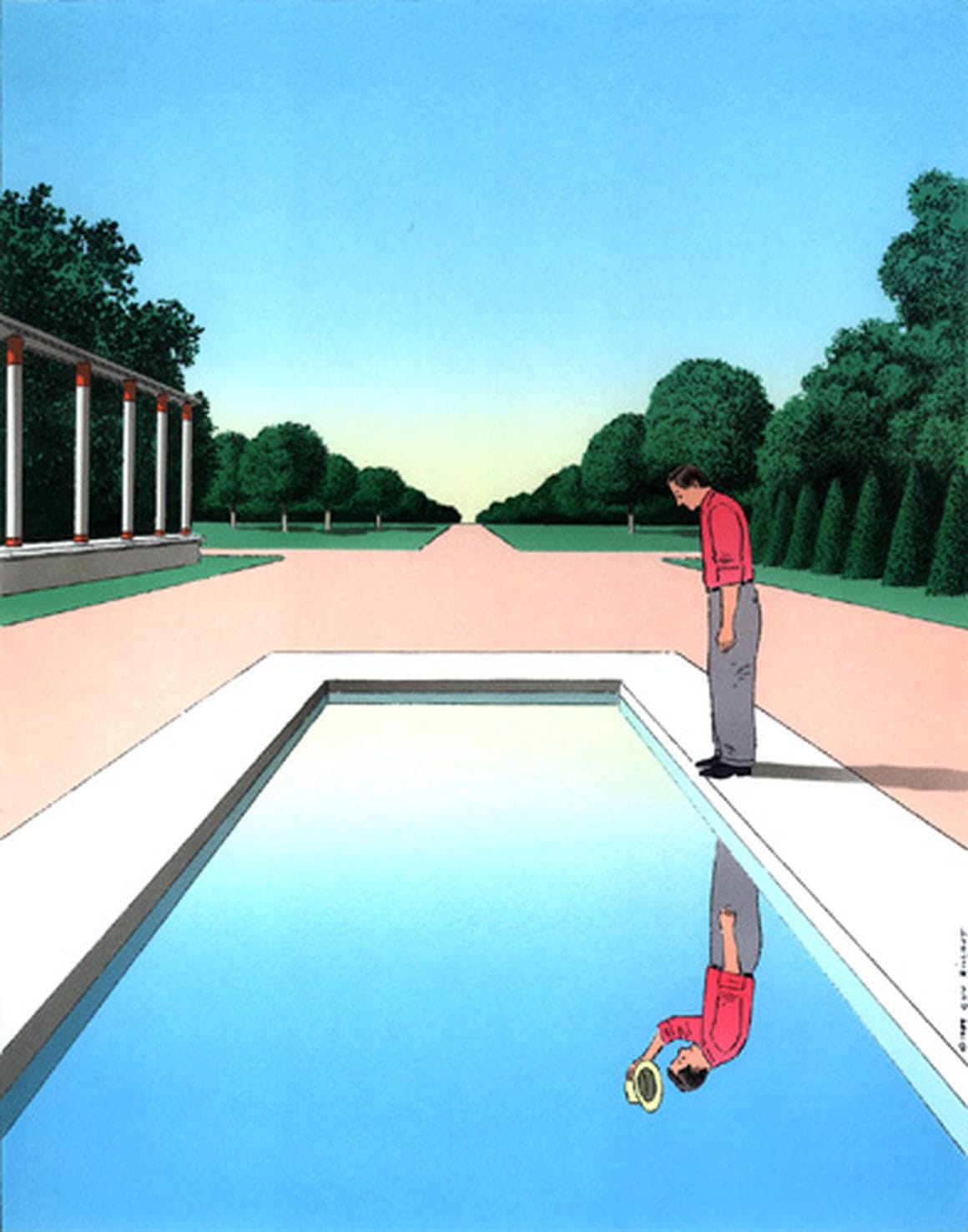 Œuvre de Billout où on voit un homme regarder son reflet dans une piscine, reflet qui le salue avec son chapeau