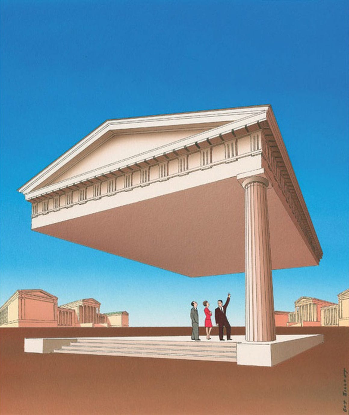 Œuvre de Billout où on voit un guide touristique faire une visite à un couple dans un temple grec à une seule colonne